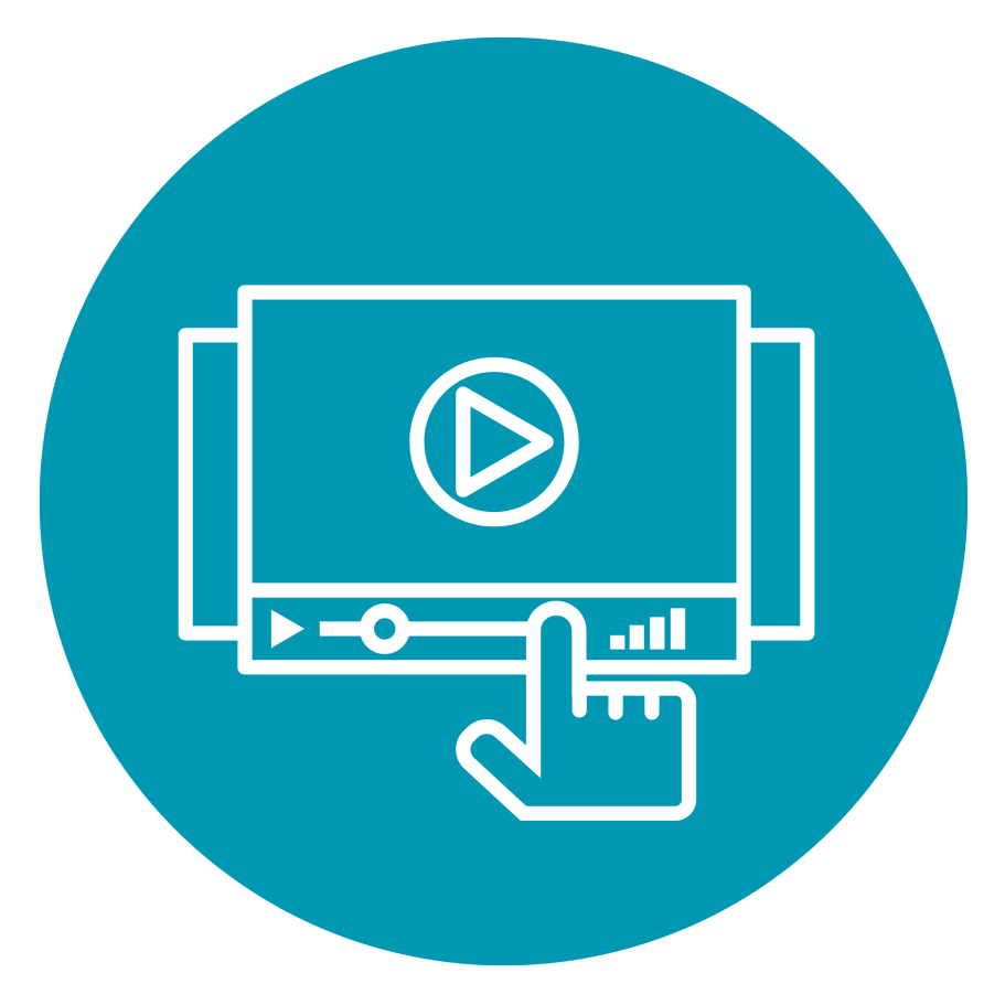 Icon zum Thema Onlineschulung im Arbeitsschutz. Zeigt Bildschirm mit einem Video On-Demand. 